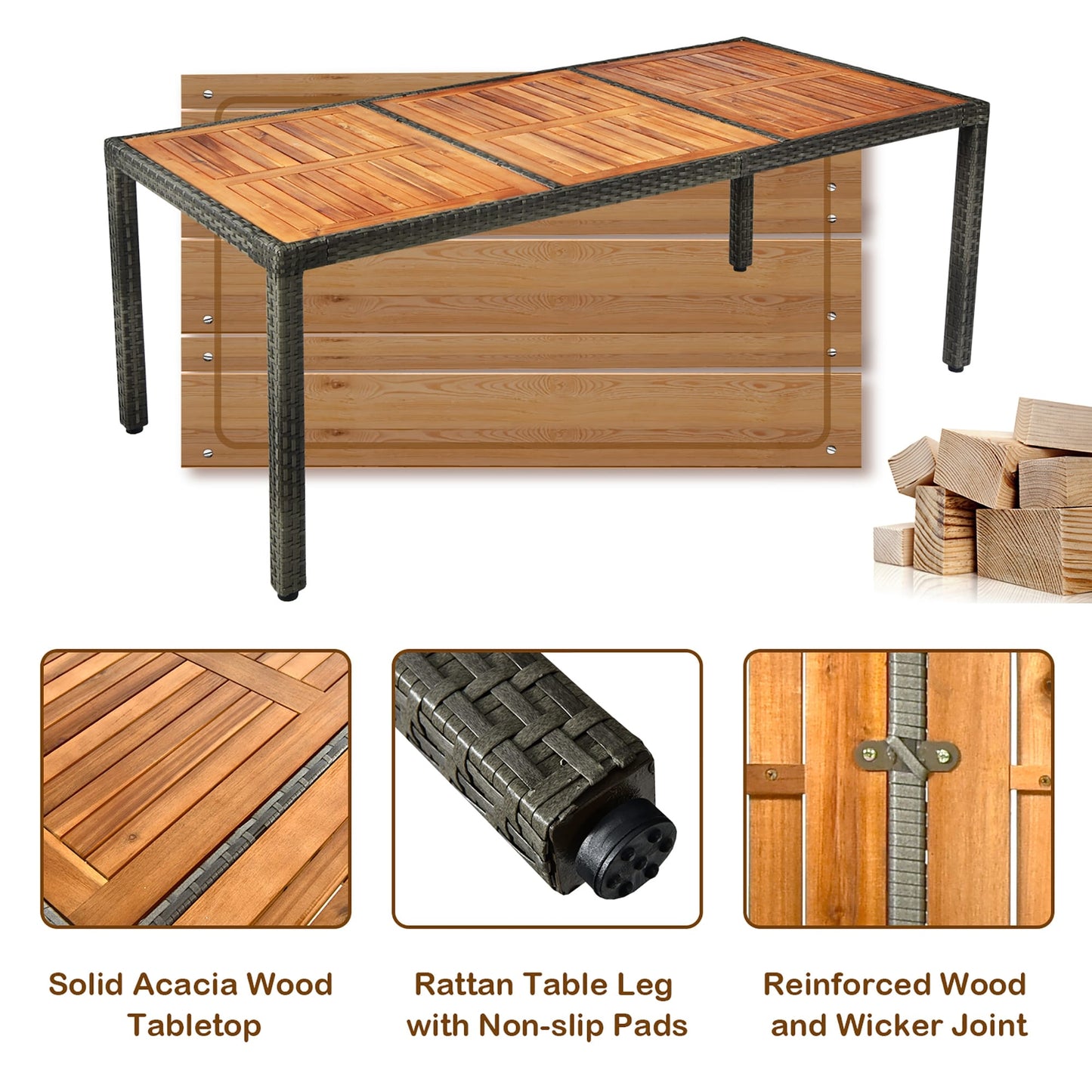 Set da pranzo da giardino in rattan da 9 pezzi, set di mobili da giardino in legno e vimini
