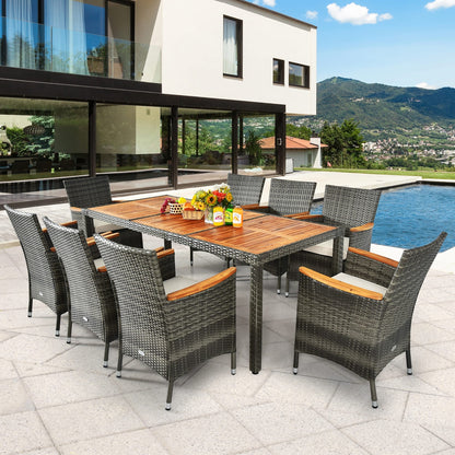 Set da pranzo da giardino in rattan da 9 pezzi, set di mobili da giardino in legno e vimini