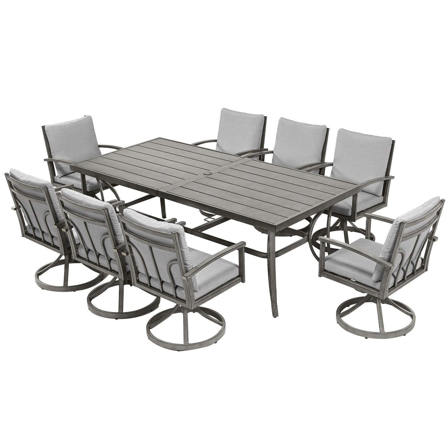 Set da pranzo per patio in alluminio da 9 pezzi con 8 sedie da pranzo girevoli e cuscini lavabili