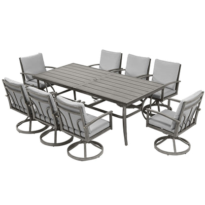 Set da pranzo per patio in alluminio da 9 pezzi con 8 sedie da pranzo girevoli e cuscini lavabili