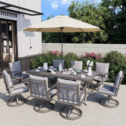 Set da pranzo per patio in alluminio da 9 pezzi con 8 sedie da pranzo girevoli e cuscini lavabili