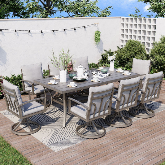 Set da pranzo per patio in alluminio da 9 pezzi con 8 sedie da pranzo girevoli e cuscini lavabili