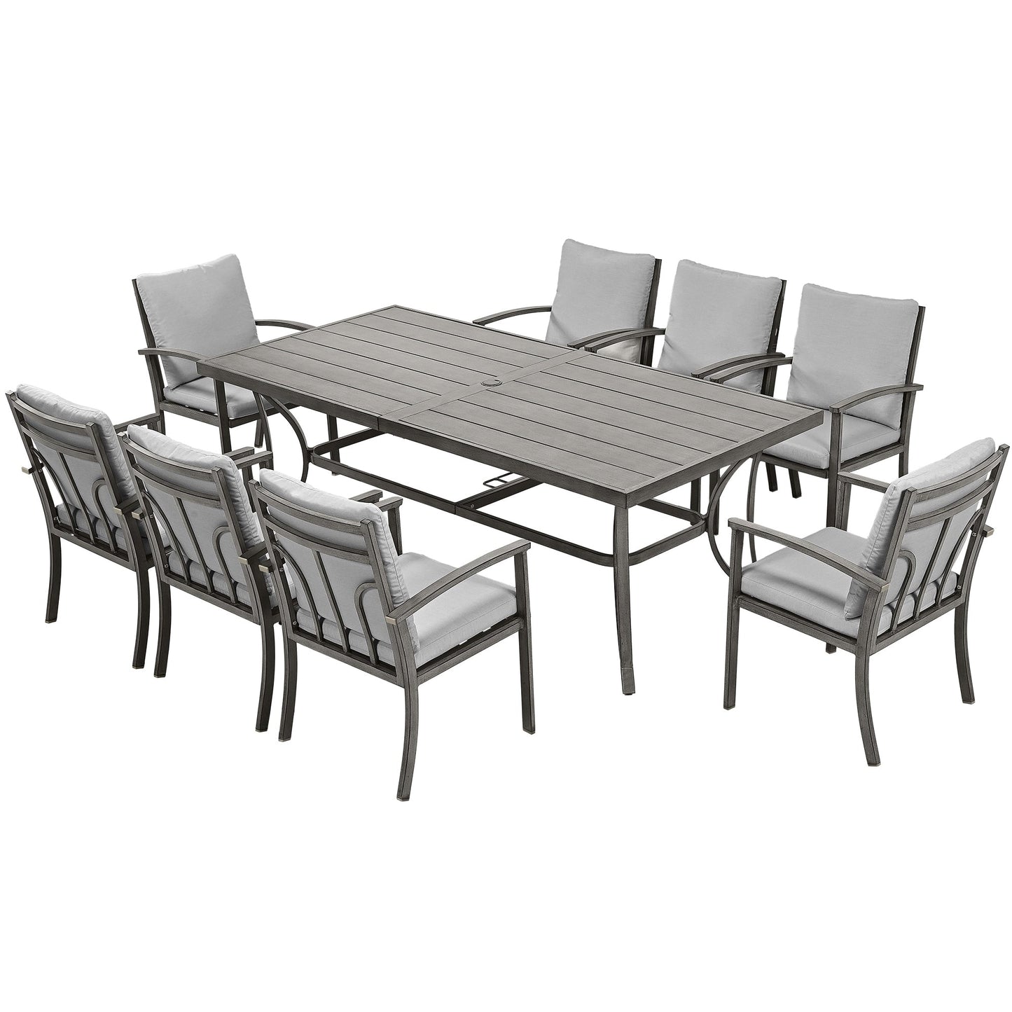 Set da pranzo da giardino in alluminio da 9 pezzi con tavolo e cuscini lavabili grigio chiaro