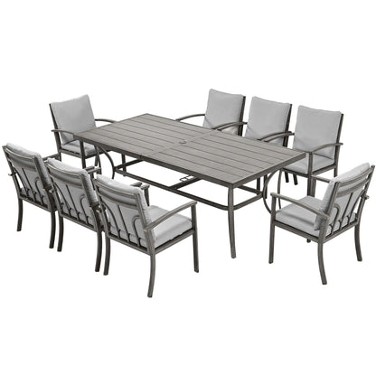 Set da pranzo da giardino in alluminio da 9 pezzi con tavolo e cuscini lavabili grigio chiaro