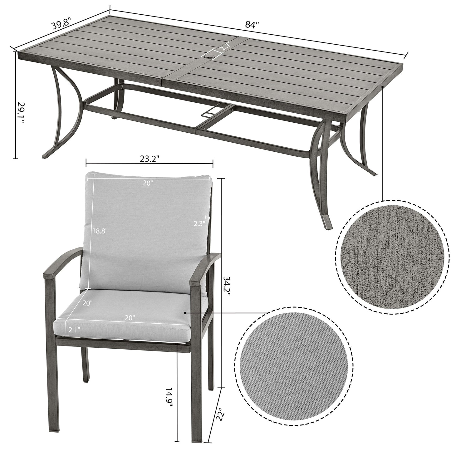 Set da pranzo da giardino in alluminio da 9 pezzi con tavolo e cuscini lavabili grigio chiaro