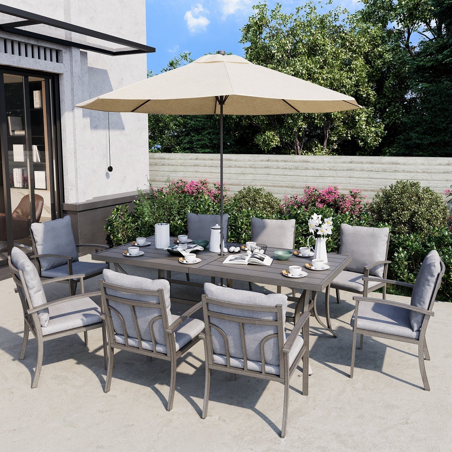 Set da pranzo da giardino in alluminio da 9 pezzi con tavolo e cuscini lavabili grigio chiaro