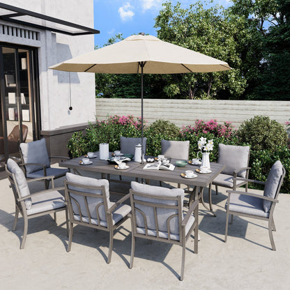 Set da pranzo da giardino in alluminio da 9 pezzi con tavolo e cuscini lavabili grigio chiaro