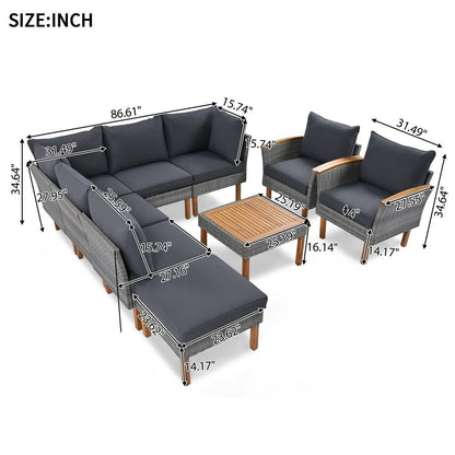 Set di mobili da giardino in rattan da 9 pezzi, set da conversazione all'aperto con gambe in legno di acacia e piano del tavolo