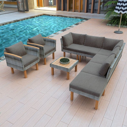 Set di mobili da giardino in rattan da 9 pezzi, set da conversazione all'aperto con gambe in legno di acacia e piano del tavolo