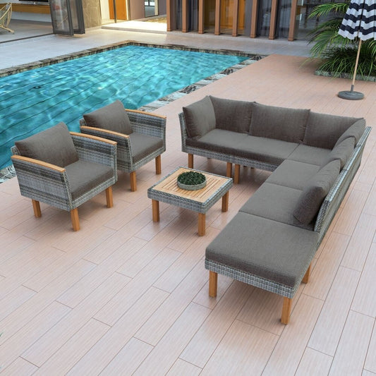 Set di mobili da giardino in rattan da 9 pezzi, set da conversazione all'aperto con gambe in legno di acacia e piano del tavolo