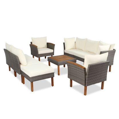 Set di mobili da giardino in rattan da 9 pezzi, set da conversazione all'aperto con gambe in legno di acacia e piano del tavolo