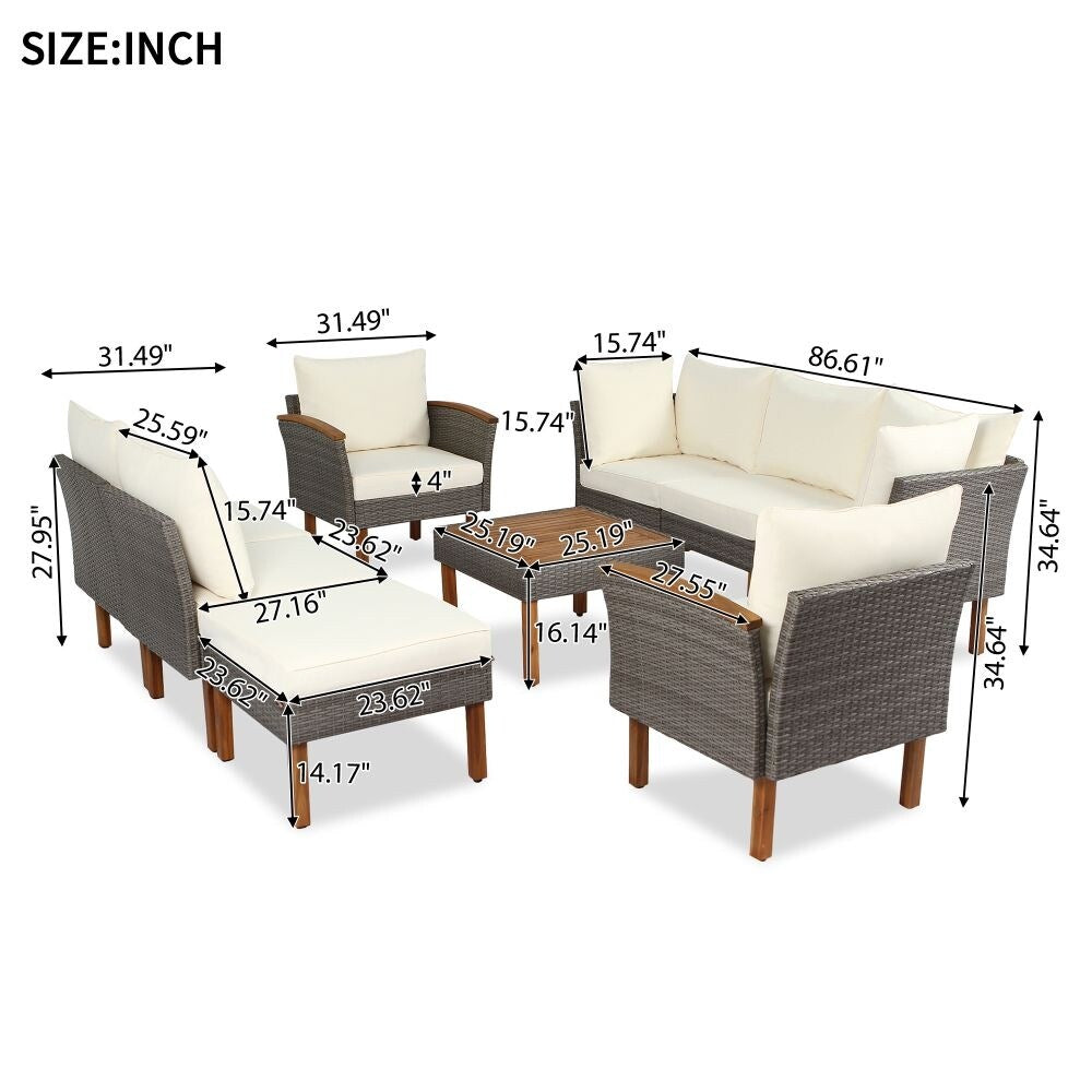 Set di mobili da giardino in rattan da 9 pezzi, set da conversazione all'aperto con gambe in legno di acacia e piano del tavolo