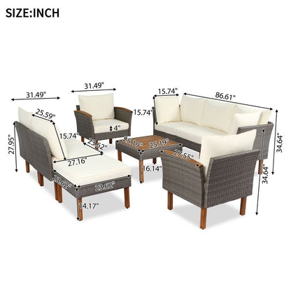 Set di mobili da giardino in rattan da 9 pezzi, set da conversazione all'aperto con gambe in legno di acacia e piano del tavolo