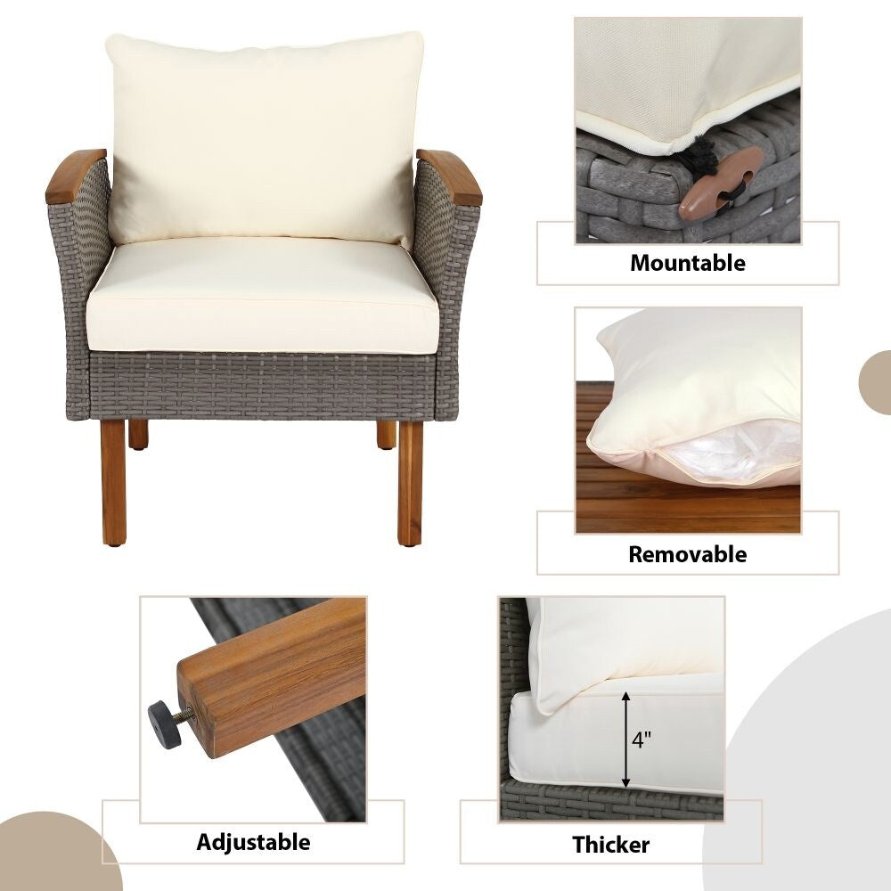 Set di mobili da giardino in rattan da 9 pezzi, set da conversazione all'aperto con gambe in legno di acacia e piano del tavolo