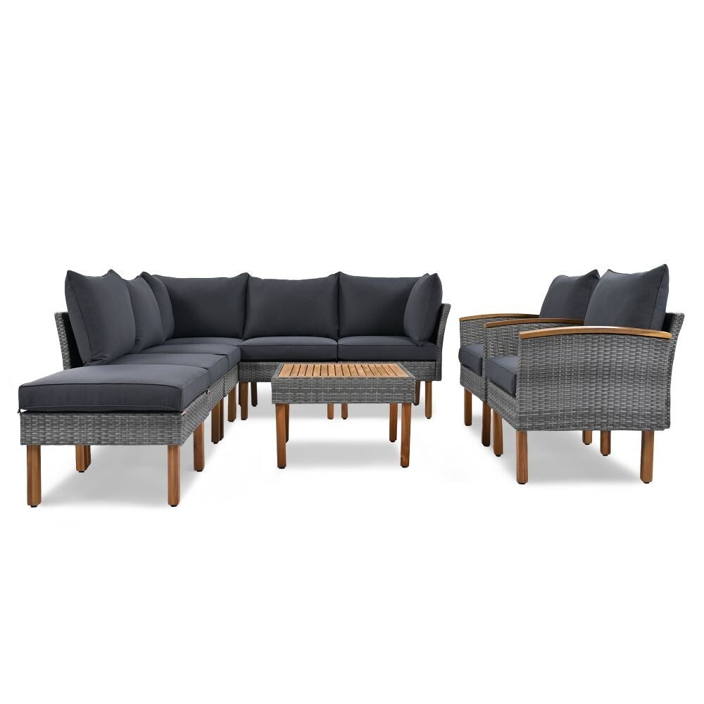 Set di mobili da giardino in rattan da 9 pezzi, set da conversazione all'aperto con gambe in legno di acacia e piano del tavolo