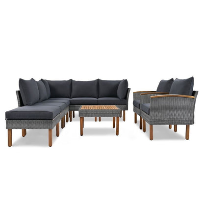 Set di mobili da giardino in rattan da 9 pezzi, set da conversazione all'aperto con gambe in legno di acacia e piano del tavolo