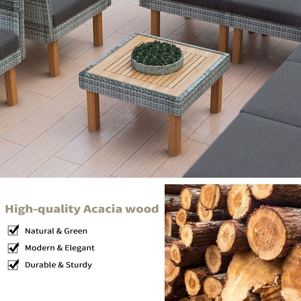 Set di mobili da giardino in rattan da 9 pezzi, set da conversazione all'aperto con gambe in legno di acacia e piano del tavolo