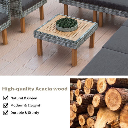 Set di mobili da giardino in rattan da 9 pezzi, set da conversazione all'aperto con gambe in legno di acacia e piano del tavolo