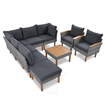 Set di mobili da giardino in rattan da 9 pezzi, set da conversazione all'aperto con gambe in legno di acacia e piano del tavolo