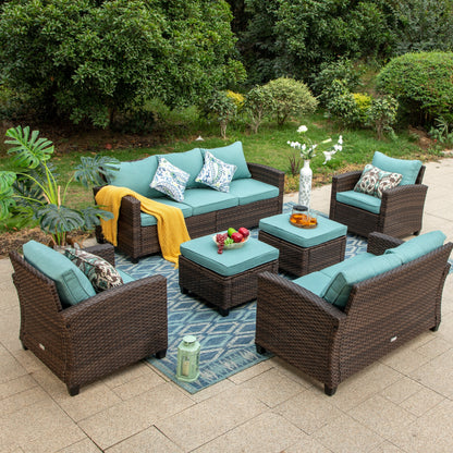 Divano componibile da esterno con schienale alto, set da conversazione, mobili da giardino in vimini e rattan, 9 posti, con tavolo e braciere