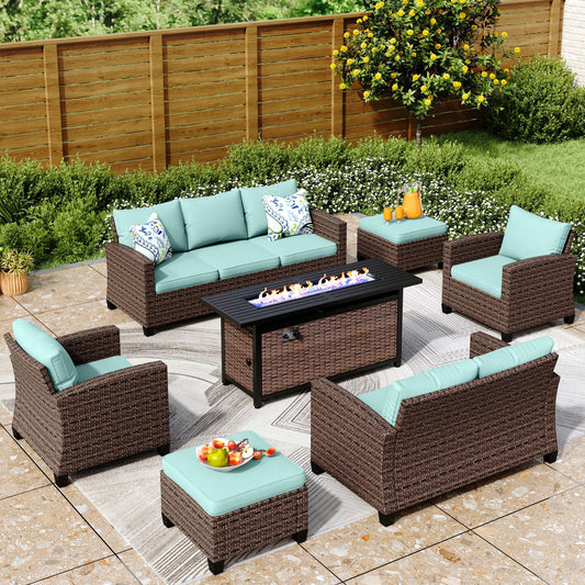 Divano componibile da esterno con schienale alto, set da conversazione, mobili da giardino in vimini e rattan, 9 posti, con tavolo e braciere