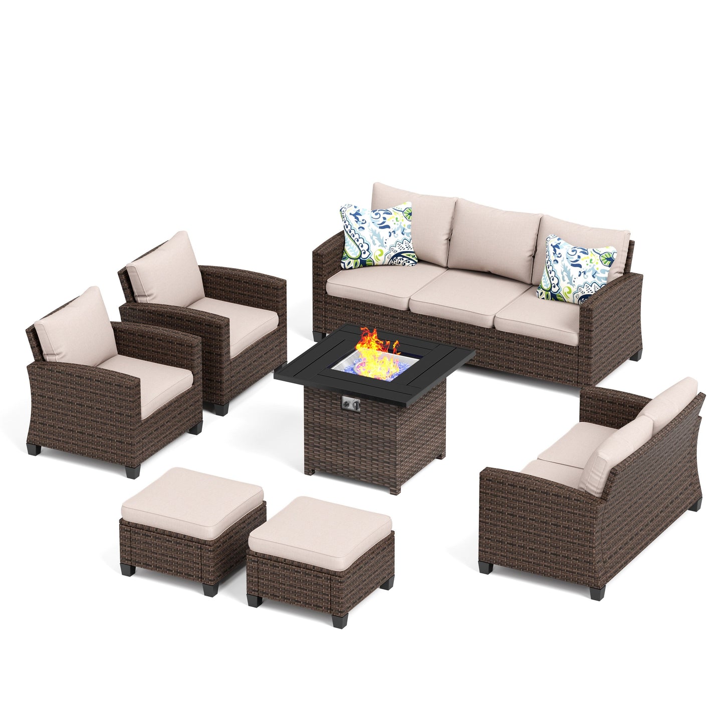 Divano componibile da esterno con schienale alto, set da conversazione, mobili da giardino in vimini e rattan, 9 posti, con tavolo e braciere
