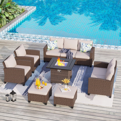 Divano componibile da esterno con schienale alto, set da conversazione, mobili da giardino in vimini e rattan, 9 posti, con tavolo e braciere