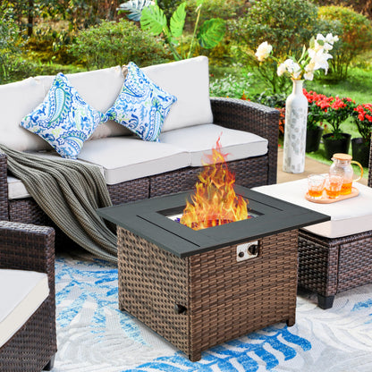 Divano componibile da esterno con schienale alto, set da conversazione, mobili da giardino in vimini e rattan, 9 posti, con tavolo e braciere