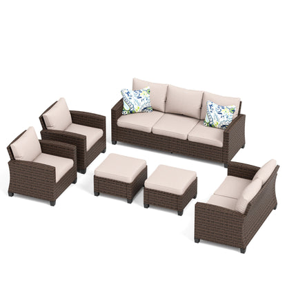 Divano componibile da esterno con schienale alto, set da conversazione, mobili da giardino in vimini e rattan, 9 posti, con tavolo e braciere