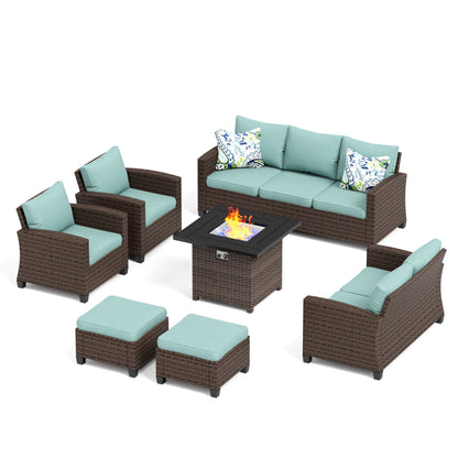 Divano componibile da esterno con schienale alto, set da conversazione, mobili da giardino in vimini e rattan, 9 posti, con tavolo e braciere