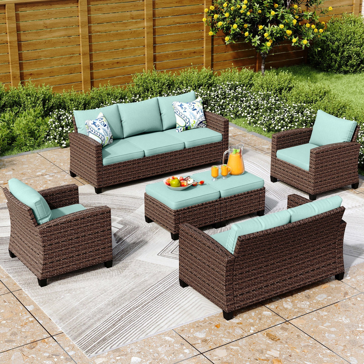 Divano componibile da esterno con schienale alto, set da conversazione, mobili da giardino in vimini e rattan, 9 posti, con tavolo e braciere