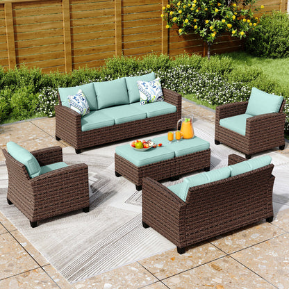Divano componibile da esterno con schienale alto, set da conversazione, mobili da giardino in vimini e rattan, 9 posti, con tavolo e braciere