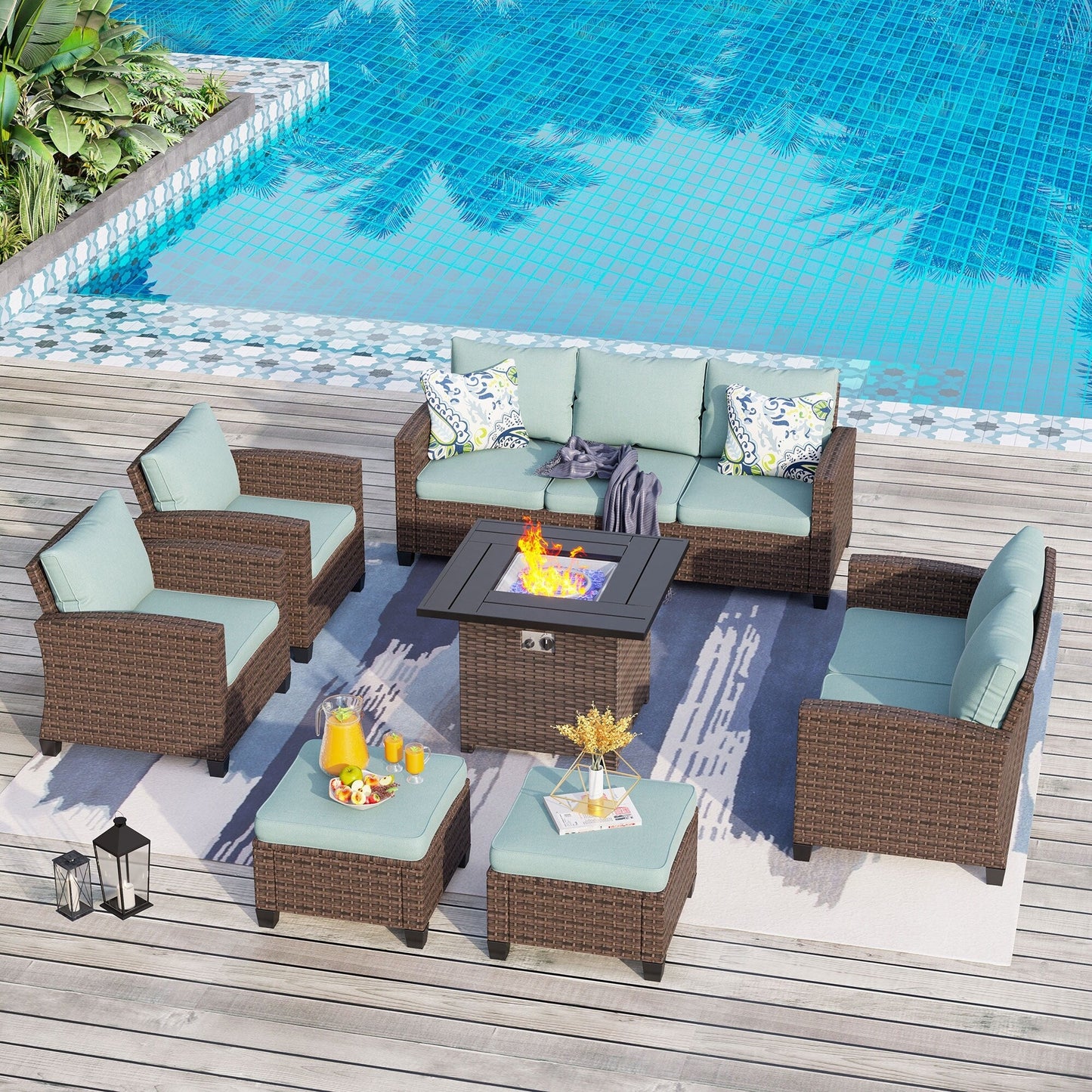 Divano componibile da esterno con schienale alto, set da conversazione, mobili da giardino in vimini e rattan, 9 posti, con tavolo e braciere