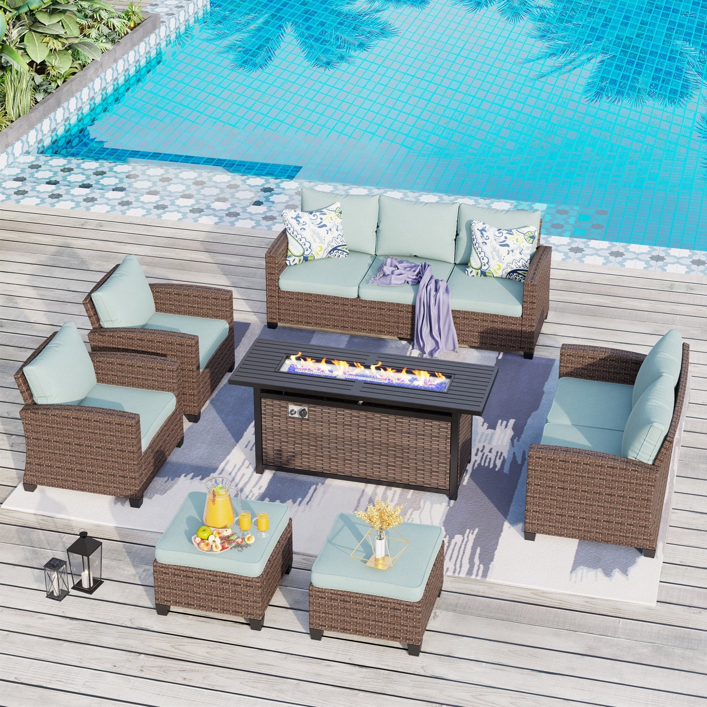 Divano componibile da esterno con schienale alto, set da conversazione, mobili da giardino in vimini e rattan, 9 posti, con tavolo e braciere