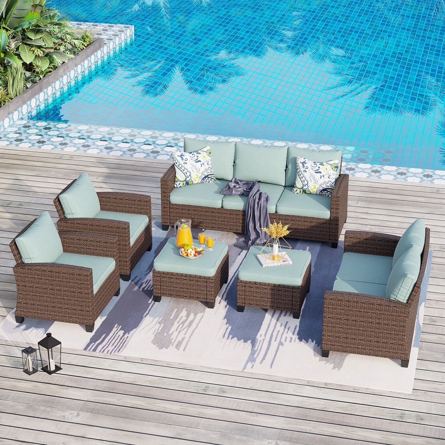 Divano componibile da esterno con schienale alto, set da conversazione, mobili da giardino in vimini e rattan, 9 posti, con tavolo e braciere