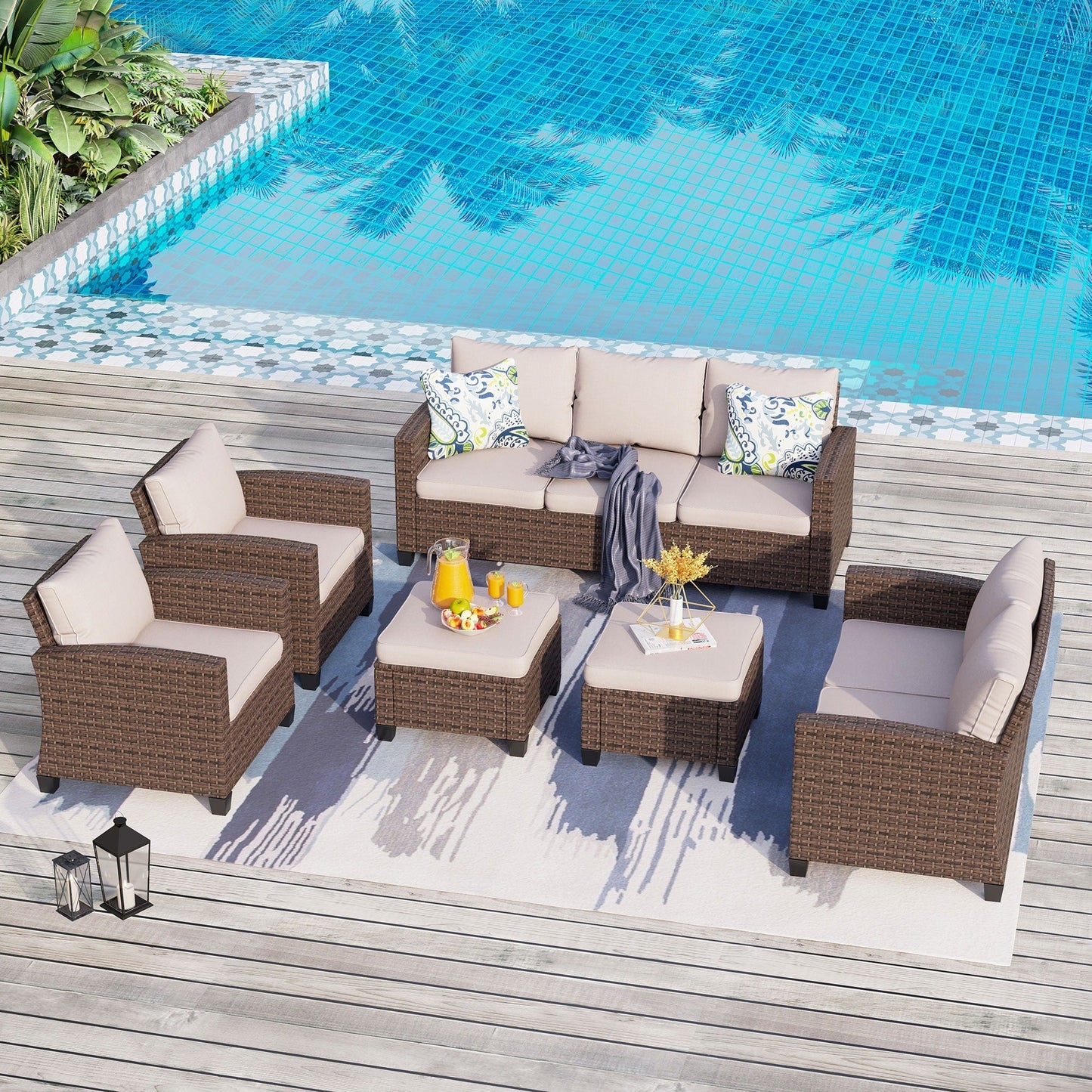 Divano componibile da esterno con schienale alto, set da conversazione, mobili da giardino in vimini e rattan, 9 posti, con tavolo e braciere