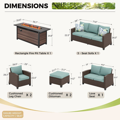 Divano componibile da esterno con schienale alto, set da conversazione, mobili da giardino in vimini e rattan, 9 posti, con tavolo e braciere