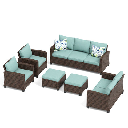 Divano componibile da esterno con schienale alto, set da conversazione, mobili da giardino in vimini e rattan, 9 posti, con tavolo e braciere