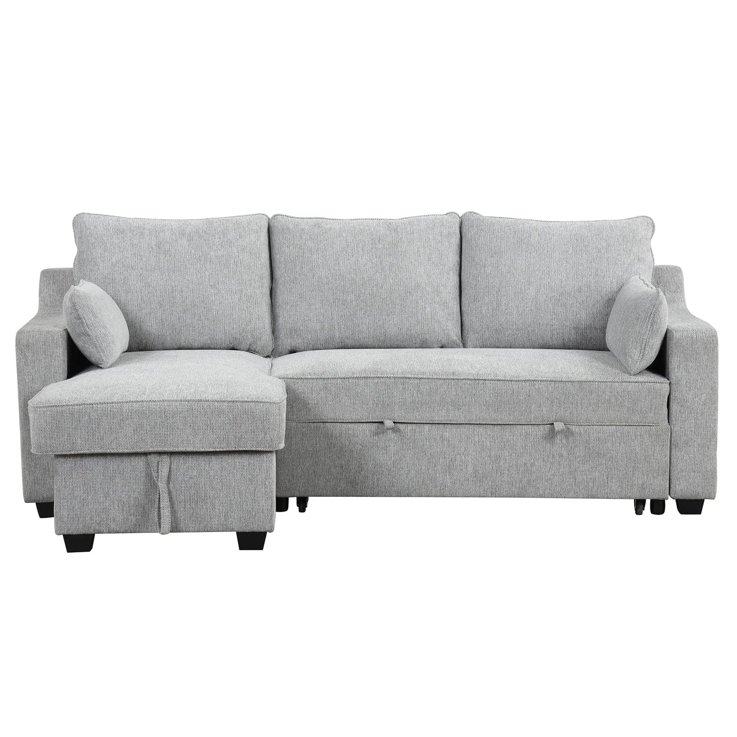 Divano letto a 3 posti a L in tessuto da 90 pollici con letto estraibile, chaise longue contenitore, porte USB e ripiani laterali portaoggetti