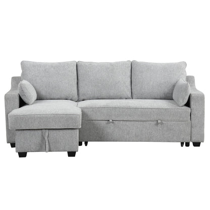 Divano letto a 3 posti a L in tessuto da 90 pollici con letto estraibile, chaise longue contenitore, porte USB e ripiani laterali portaoggetti