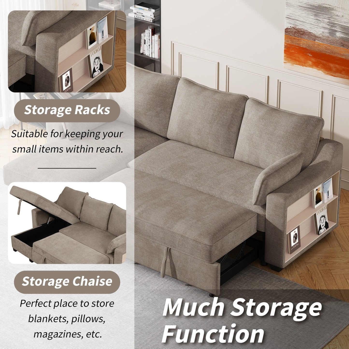 Divano letto a 3 posti a L in tessuto da 90 pollici con letto estraibile, chaise longue contenitore, porte USB e ripiani laterali portaoggetti