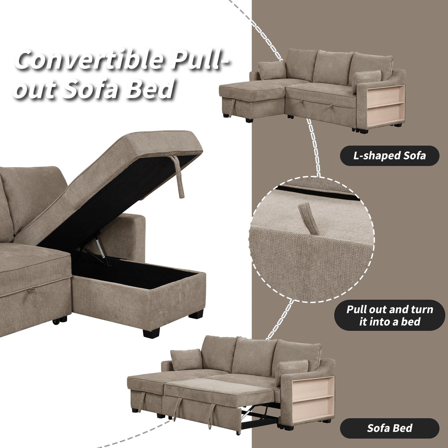 Divano letto a 3 posti a L in tessuto da 90 pollici con letto estraibile, chaise longue contenitore, porte USB e ripiani laterali portaoggetti