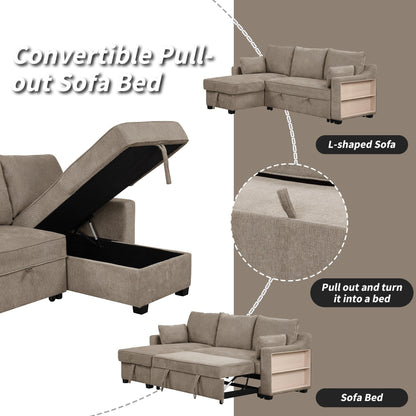 Divano letto a 3 posti a L in tessuto da 90 pollici con letto estraibile, chaise longue contenitore, porte USB e ripiani laterali portaoggetti