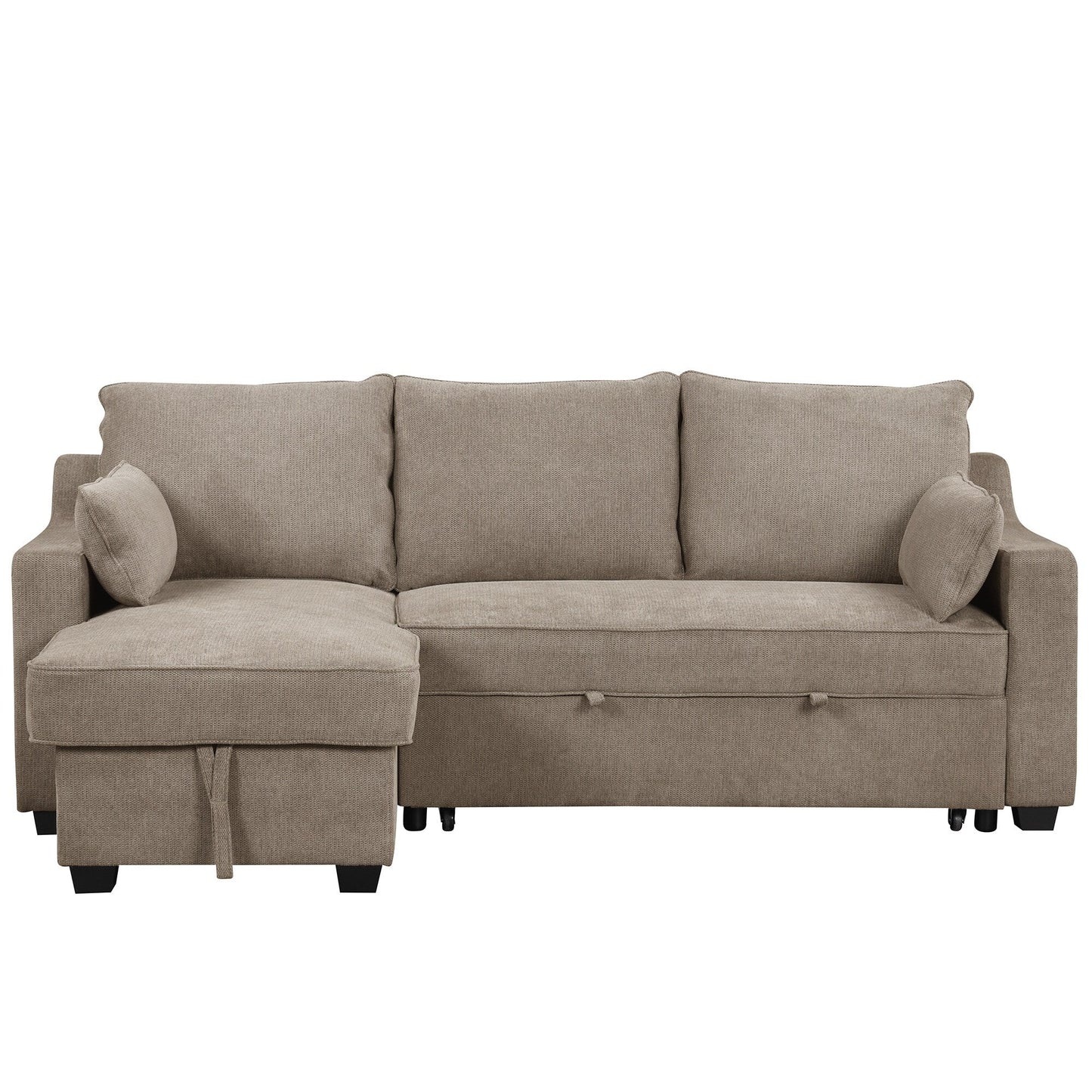 Divano letto a 3 posti a L in tessuto da 90 pollici con letto estraibile, chaise longue contenitore, porte USB e ripiani laterali portaoggetti