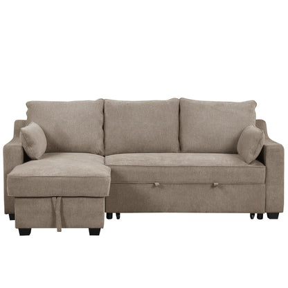Divano letto a 3 posti a L in tessuto da 90 pollici con letto estraibile, chaise longue contenitore, porte USB e ripiani laterali portaoggetti