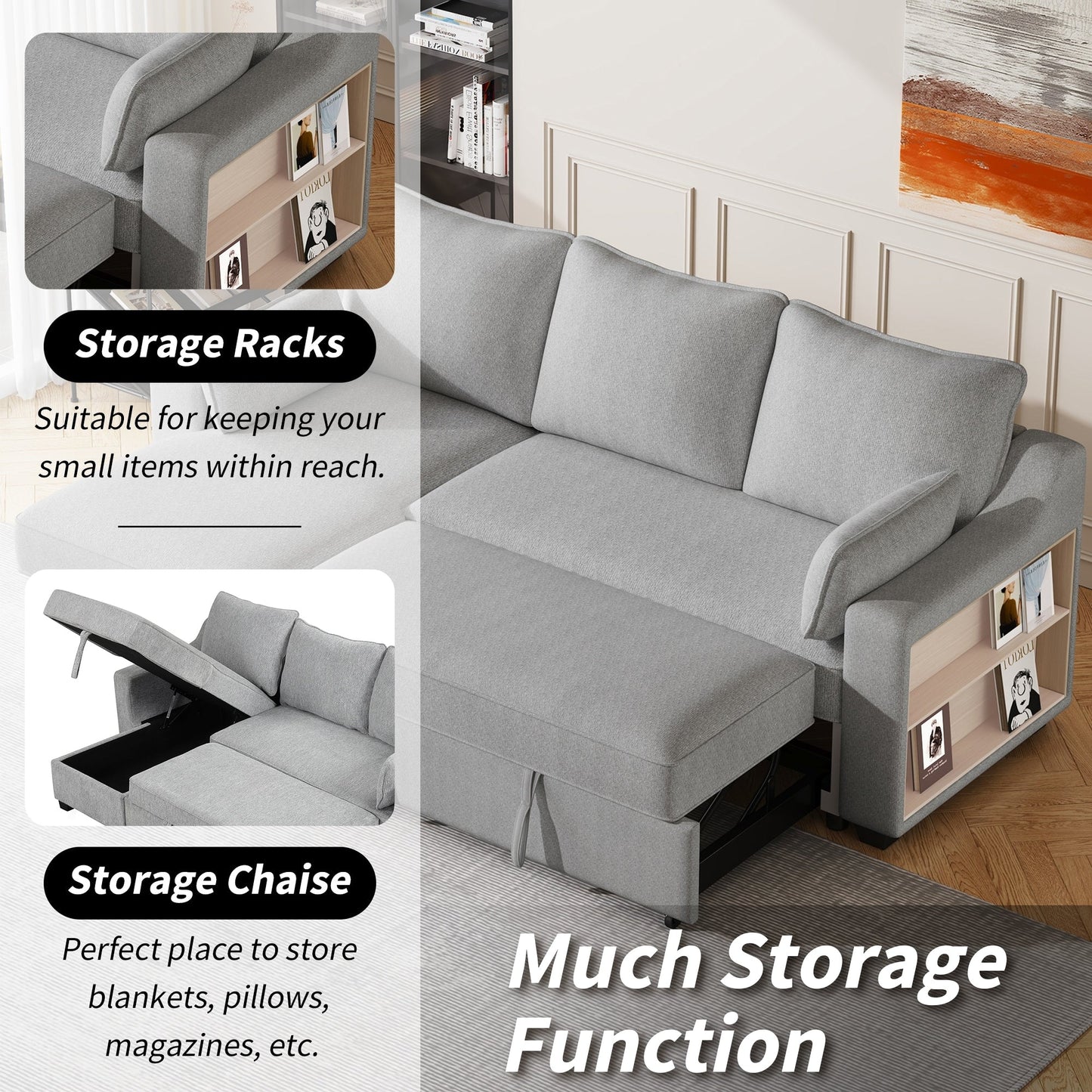 Divano letto a 3 posti a L in tessuto da 90 pollici con letto estraibile, chaise longue contenitore, porte USB e ripiani laterali portaoggetti