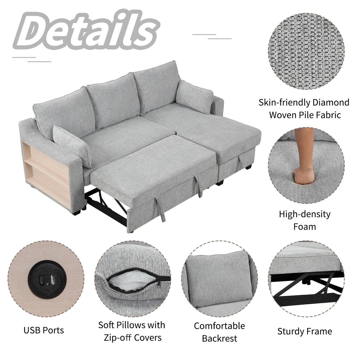 Divano letto a 3 posti a L in tessuto da 90 pollici con letto estraibile, chaise longue contenitore, porte USB e ripiani laterali portaoggetti