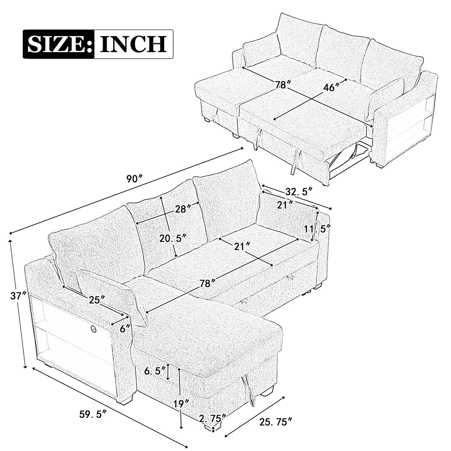 Divano letto a 3 posti a L in tessuto da 90 pollici con letto estraibile, chaise longue contenitore, porte USB e ripiani laterali portaoggetti