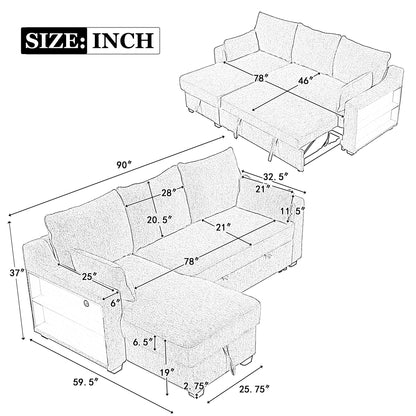 Divano letto a 3 posti a L in tessuto da 90 pollici con letto estraibile, chaise longue contenitore, porte USB e ripiani laterali portaoggetti