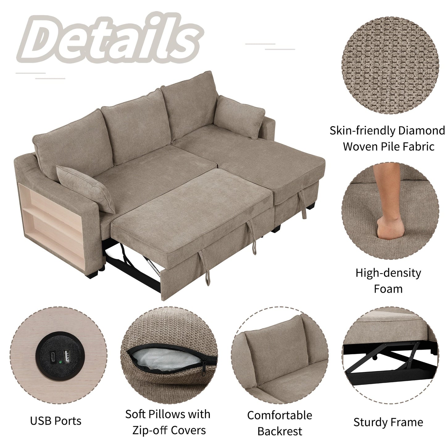 Divano letto a 3 posti a L in tessuto da 90 pollici con letto estraibile, chaise longue contenitore, porte USB e ripiani laterali portaoggetti